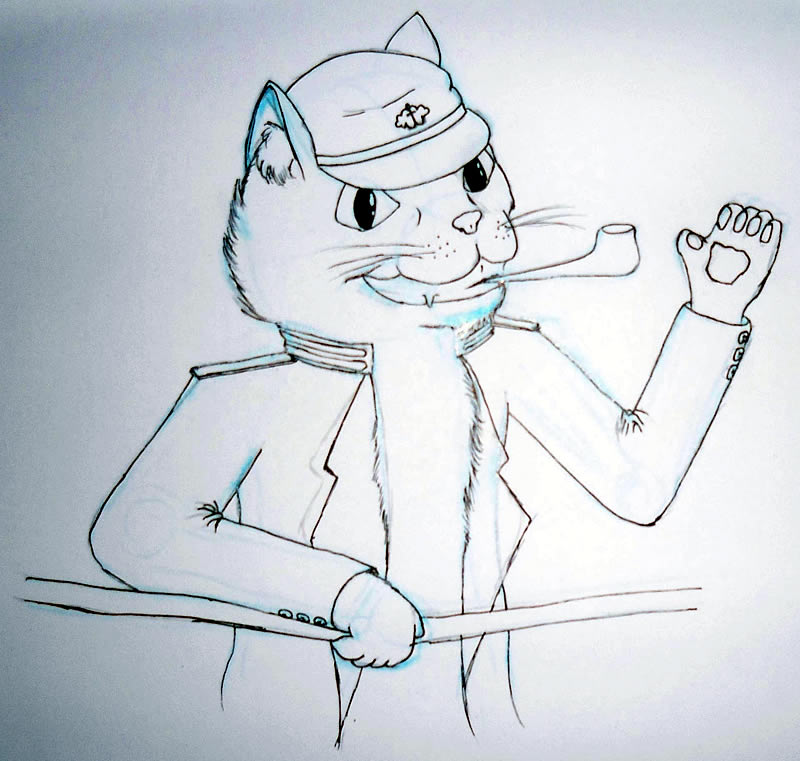 Black and white drawing of a pipe-smoking sailor cat waving at the viewer.